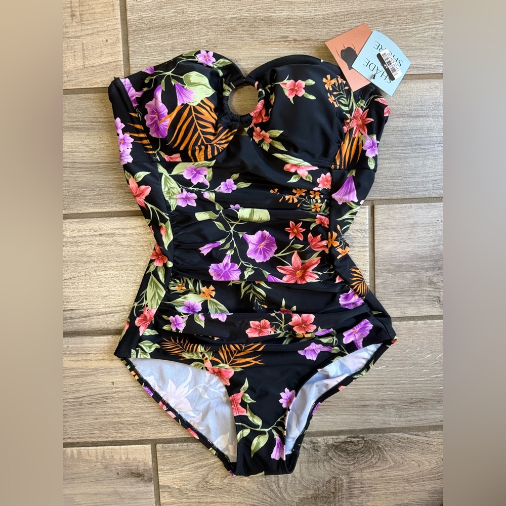 Shade & Shore NWT Womens Black Floral One Piece Bathing Suit  S